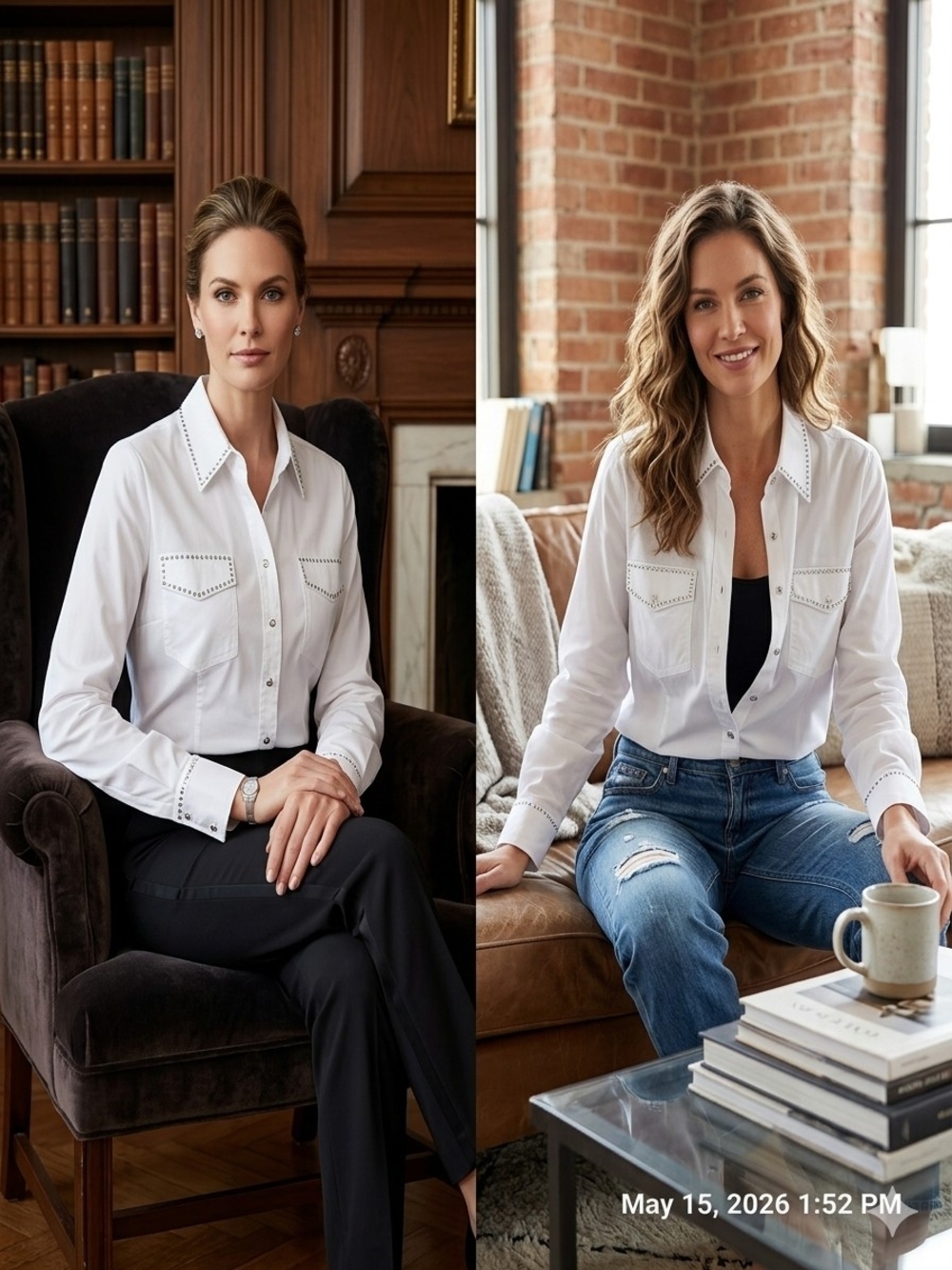 Women's White Button-Down Shirt with Stud Trim